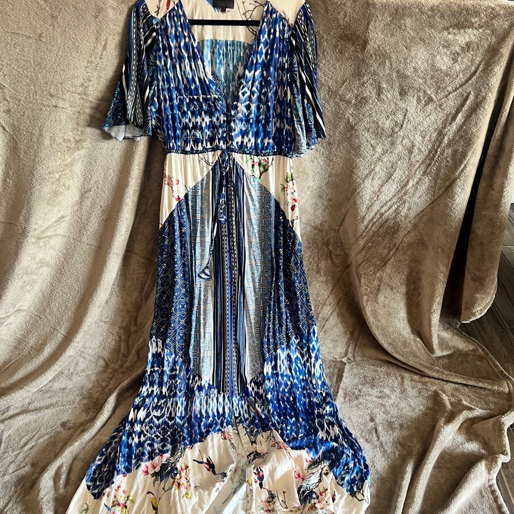 Hale Bob Blue & White Printed V-Neck Maxi Dress